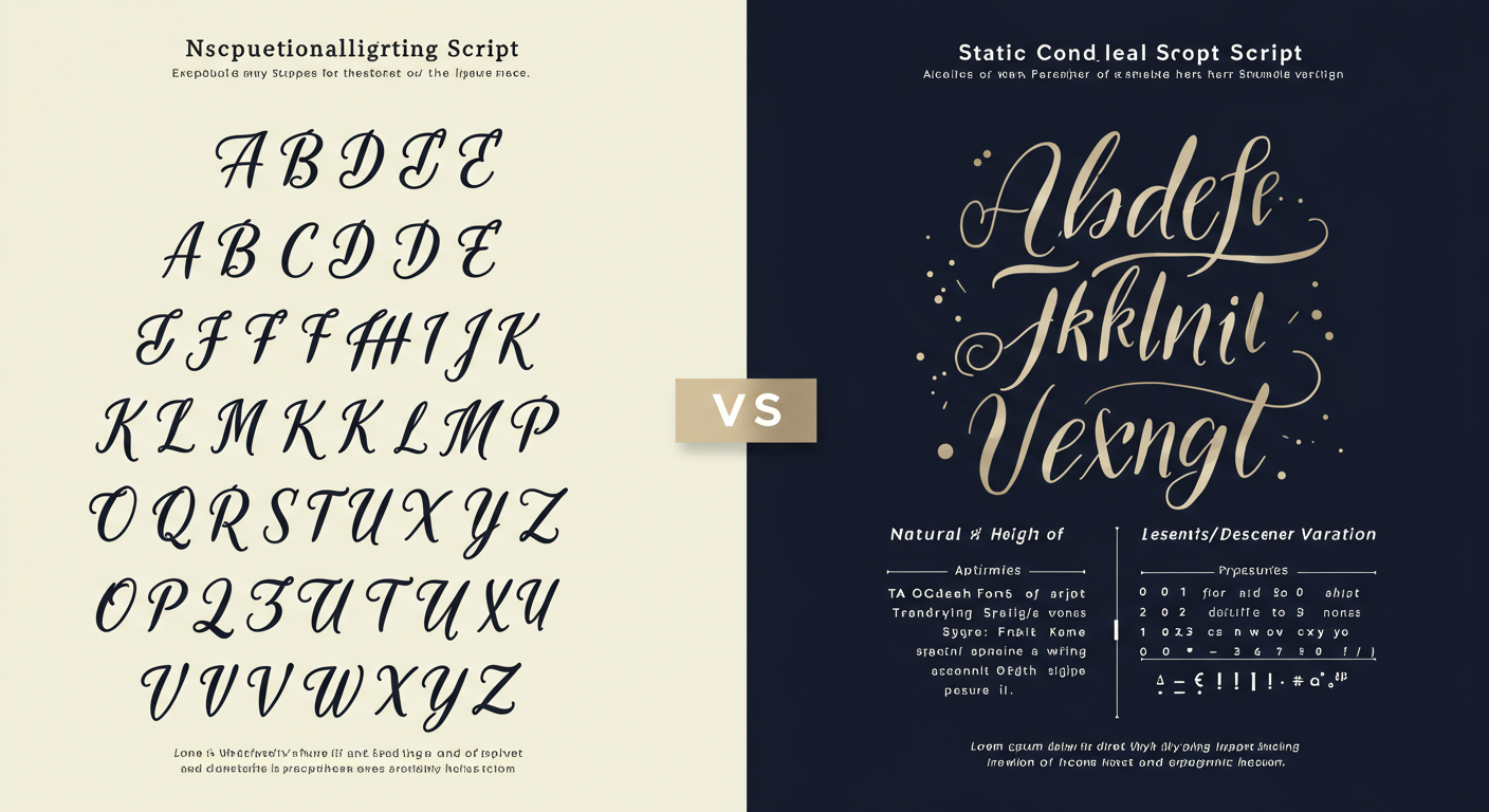 convert text to real handwriting - Educational infographic comparing a static handwriting font with a dynamic AI-generated script, highlighting repetition in the font vs. natural variation in the AI version.