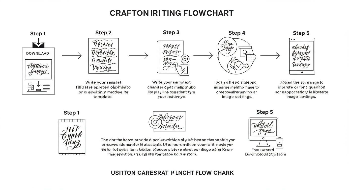 convert text to real handwriting - Professional minimalist flowchart showing the 5-step process of creating a custom handwriting font using a tool like Calligraphr, from template download to font installation.