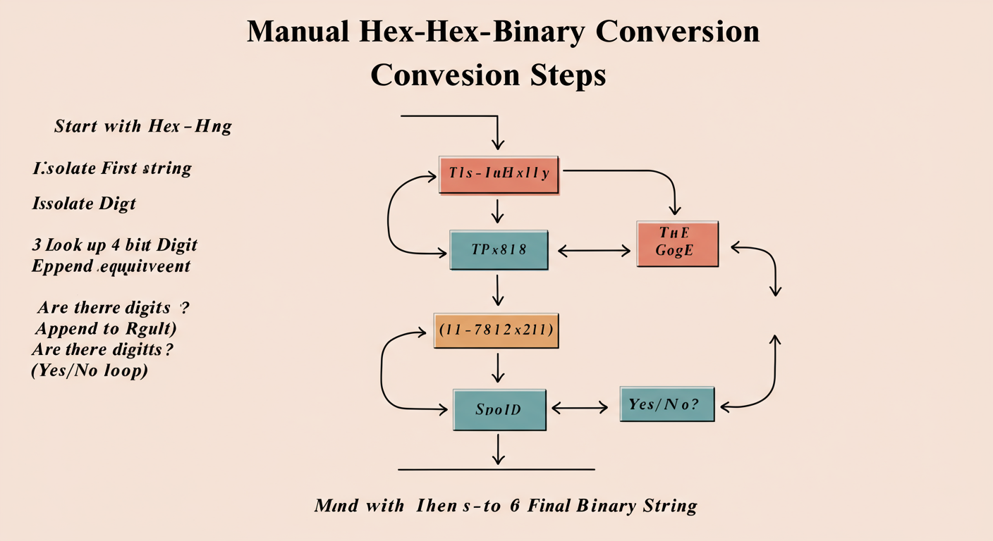 Hex to Binary Converter - Professional minimalist flowchart showing the manual hex-to-binary conversion process. Steps: 1. Start with Hex String. 2. Isolate First Digit. 3. Look up 4-bit Binary Equivalent. 4. Append to Result. 5. Are there more digits? (Yes/No loop). 6. End with Final Binary String.