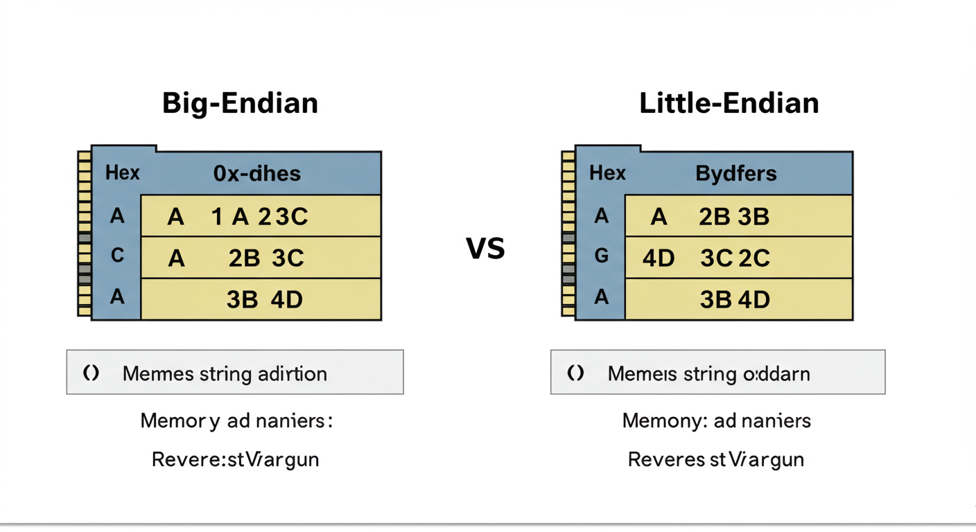 Hex to Binary Converter - A simple technical comparison chart graphic illustrating Big-Endian vs. Little-Endian. Show the hex value 0x1A2B3C4D and two memory diagrams. Big-Endian shows memory addresses with bytes 1A, 2B, 3C, 4D in order. Little-Endian shows them in reverse order: 4D, 3C, 2B, 1A.