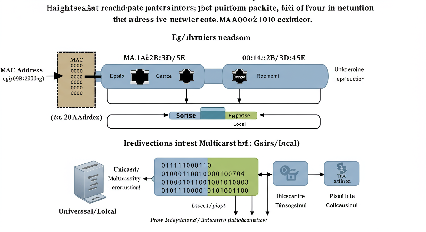 Hex to Binary Converter - Detailed educational infographic showing a breakdown of a network packet header. Highlight a MAC address in hex (e.g., 00:1A:2B:3C:4D:5E) and draw lines to its full binary representation below, with specific bits labeled for 'Unicast/Multicast' and 'Universal/Local'.