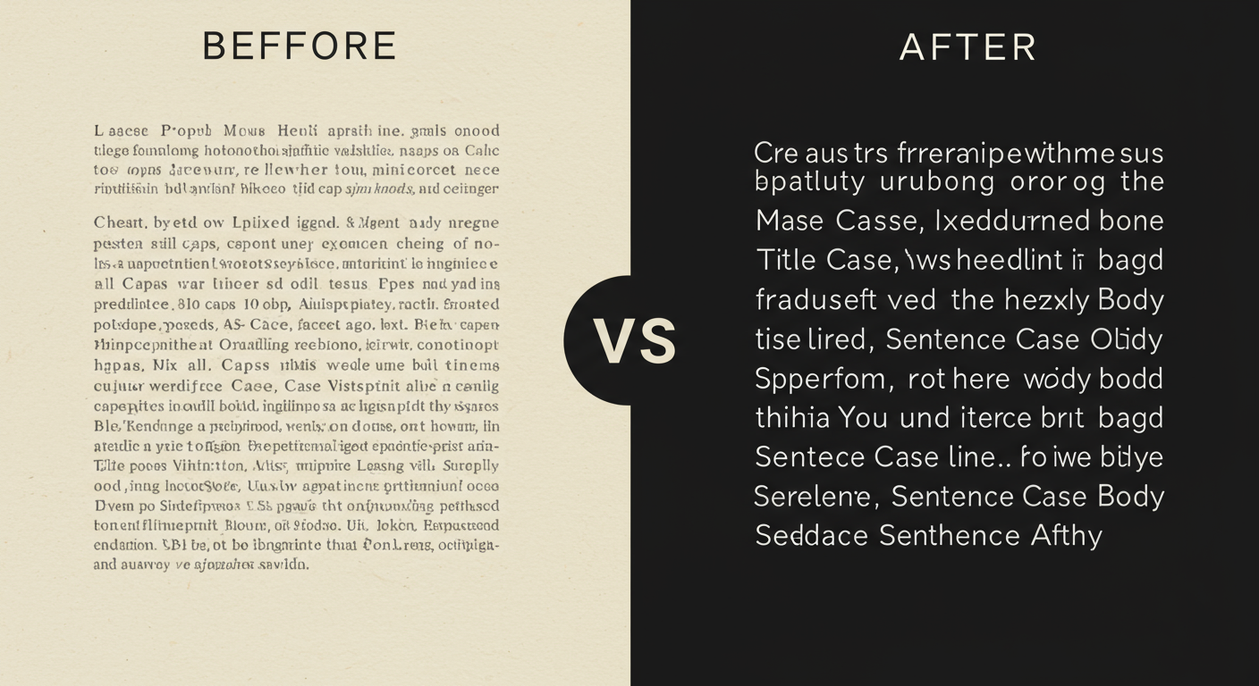 case text - A "before and after" comparison graphic. The 'Before' side shows a messy block of text with mixed casing (all caps, no caps, etc.). The 'After' side shows the same text perfectly formatted with a Title Case headline and Sentence case body, looking clean and professional.