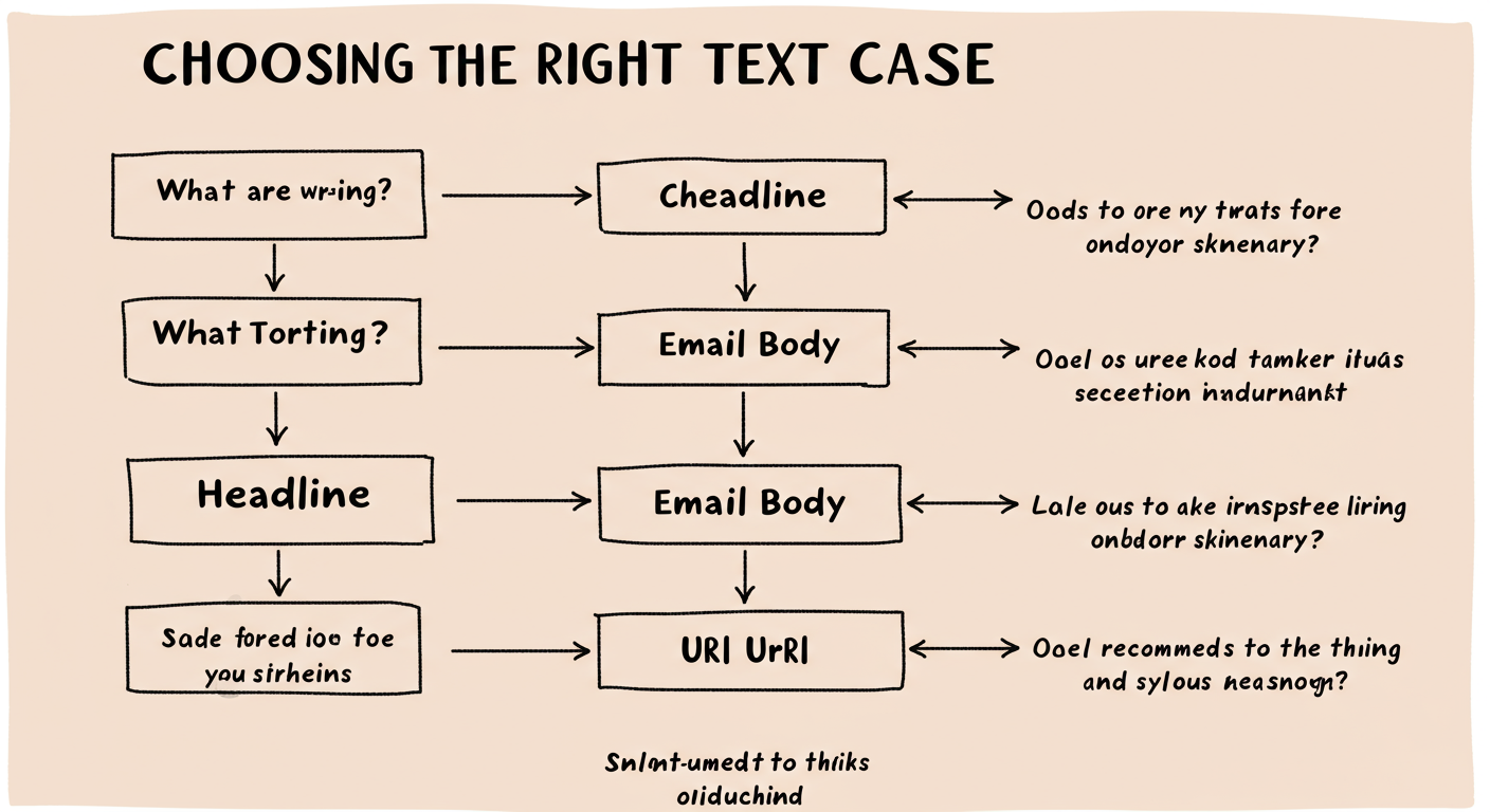 case text - A simple flowchart diagram titled "Choosing the Right Text Case". It starts with a box "What are you writing?". Arrows point to different scenarios like "Headline", "Email Body", "URL", leading to the recommended case style with a brief reason.