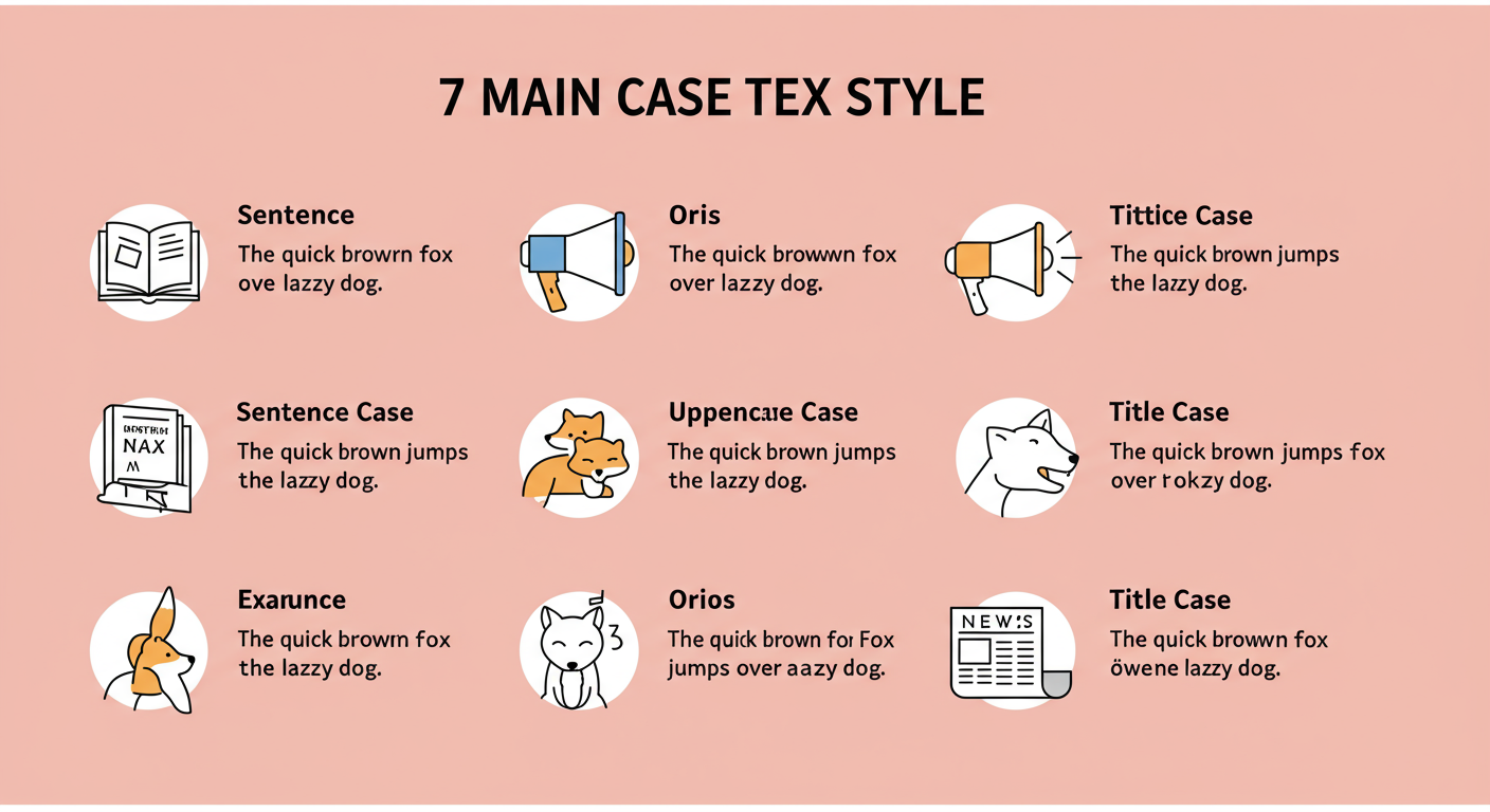 case text - A clean, modern infographic visually comparing the 7 main text cases. Each case style is shown with the example sentence "The quick brown fox jumps over the lazy dog" formatted correctly, alongside a small icon representing its primary use (e.g., a book for Sentence case, a megaphone for UPPERCASE, a newspaper headline for Title Case).