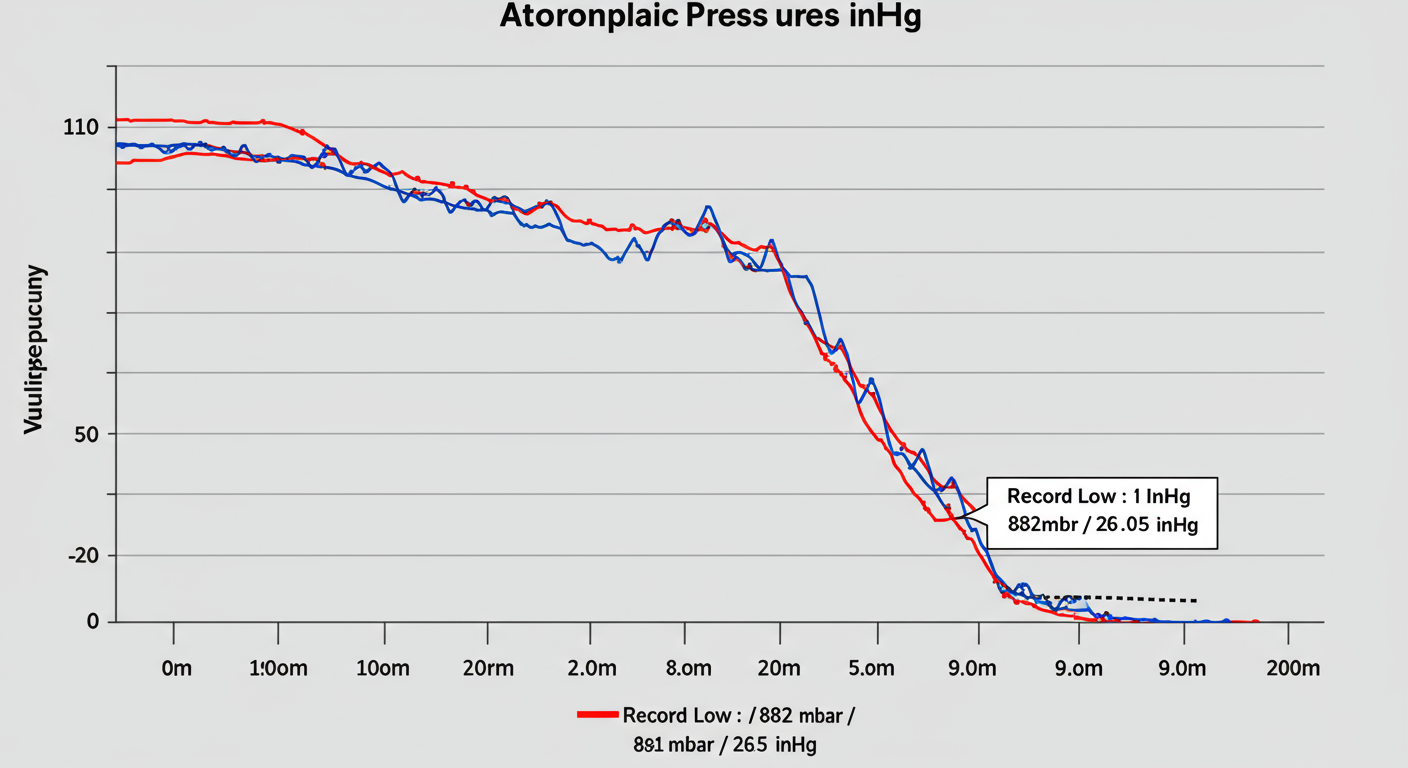 pressure unit converter - A data trend graph showing atmospheric pressure during a hurricane. The Y-axis is labeled with both millibars (mbar) and inches of mercury (inHg). The line plummets dramatically, with a label at the bottom point reading 'Record Low: 882 mbar / 26.05 inHg'.