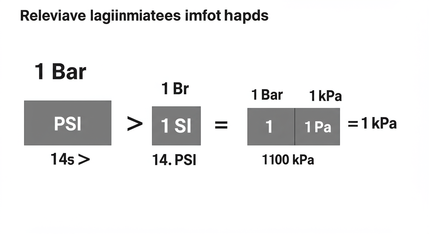 pressure unit converter - A clean, professional infographic visually comparing the relative magnitudes of 1 PSI, 1 Bar, and 1 kPa. Show 1 Bar as a large block, 1 PSI as a much smaller block next to it, and 1 kPa as a tiny sliver, with labels like '1 Bar ≈ 14.5 PSI' and '1 Bar = 100 kPa'.