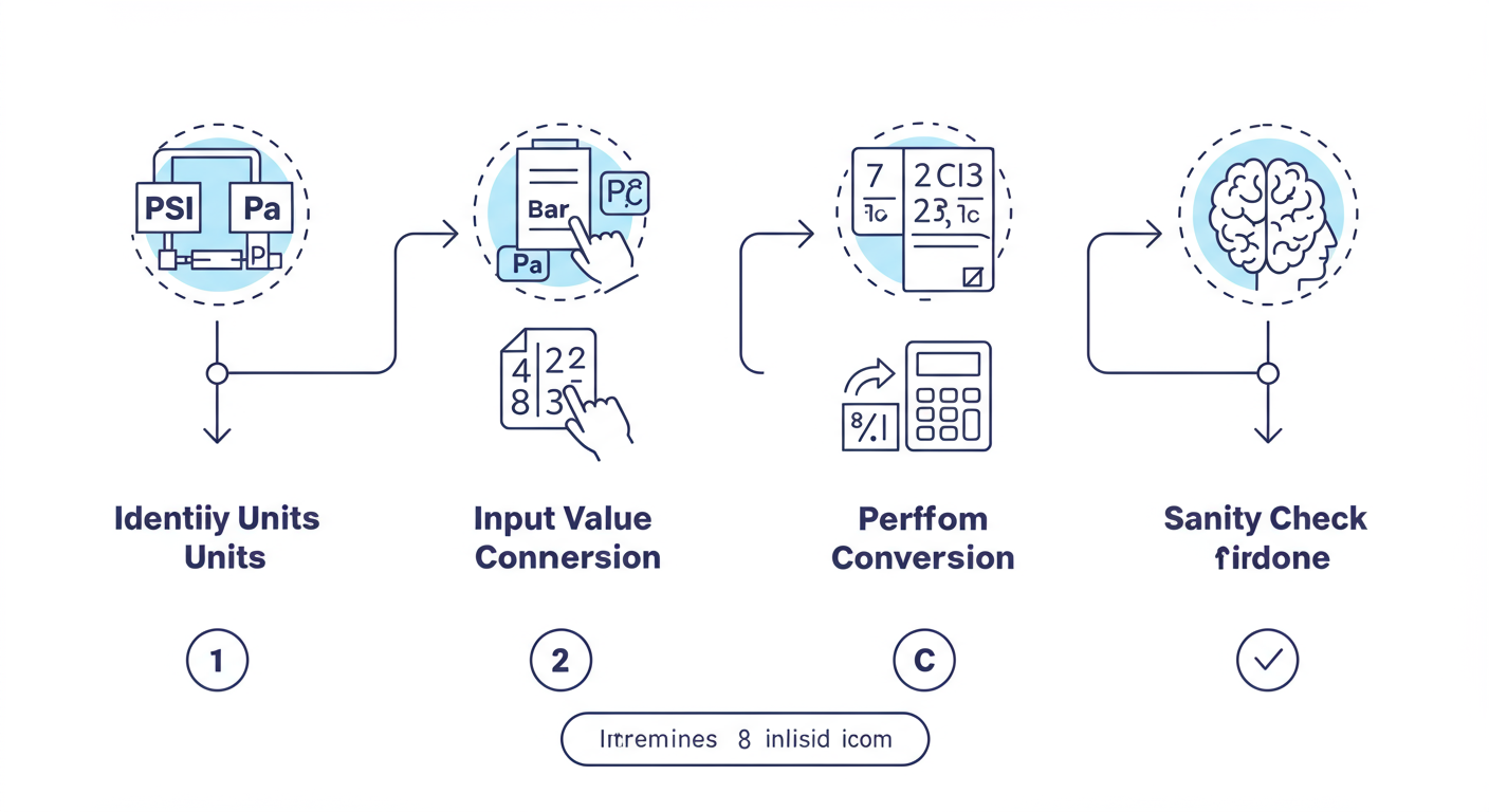 pressure unit converter - A minimalist flowchart diagram with four steps: 1. Identify Units (with icons for PSI, Bar, Pa), 2. Input Value (a number being typed), 3. Perform Conversion (a calculator icon with an arrow), 4. Sanity Check (a brain icon with a checkmark).
