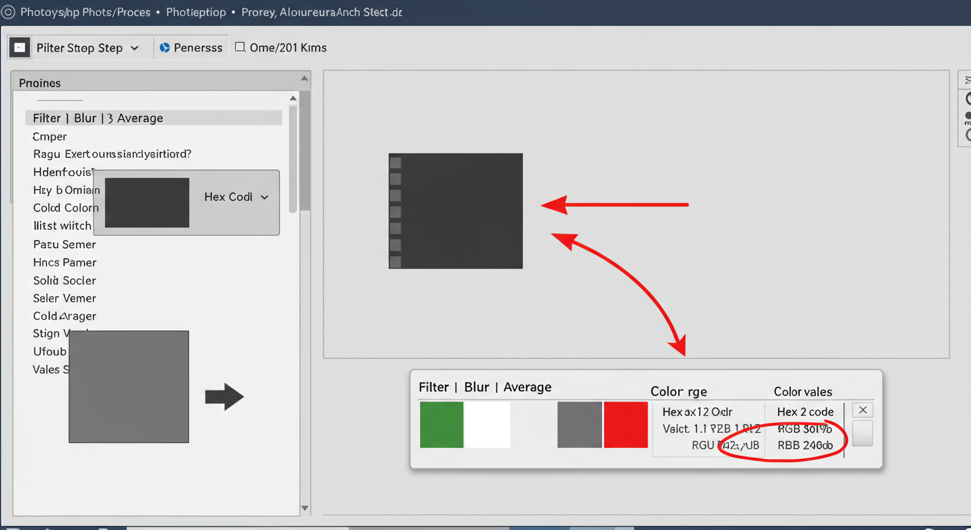 average color of an image - A clear, step-by-step diagram illustrating the Photoshop process. It shows a screenshot of the Photoshop menu with 'Filter > Blur > Average' highlighted. An arrow points to the next step, showing the image turned into a solid color. A final arrow points to the Color Panel, with the Hex code and RGB values clearly circled.