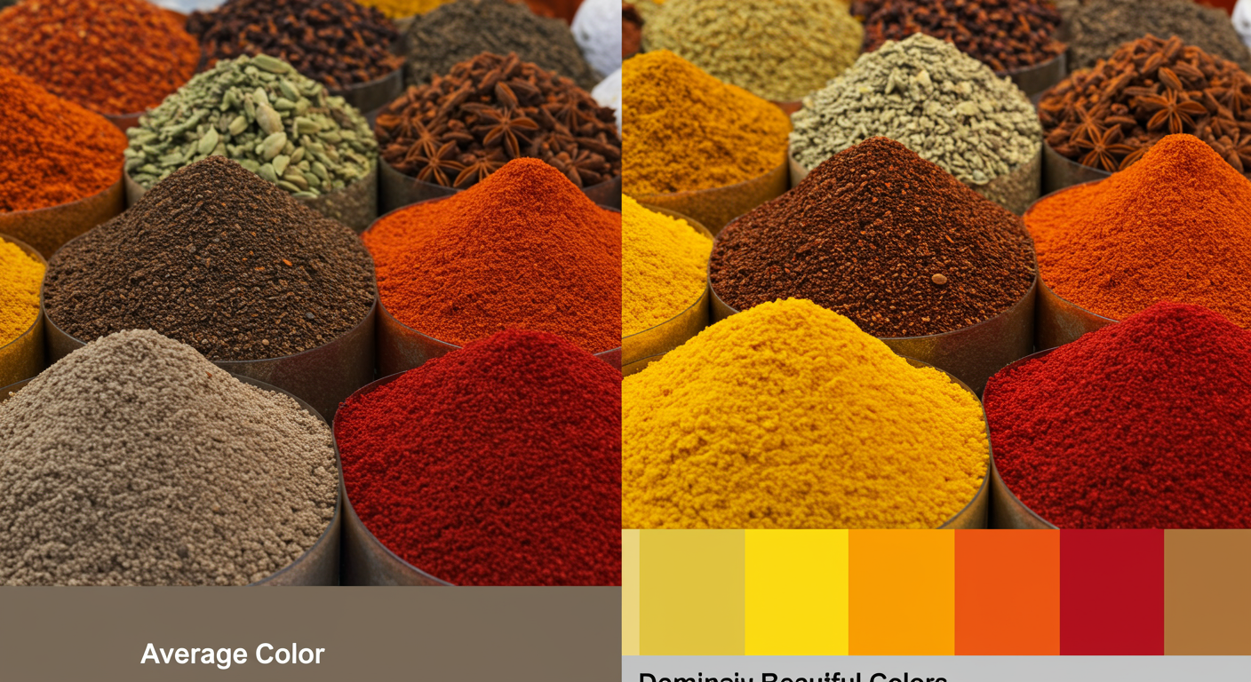 average color of an image - A dramatic side-by-side comparison. On the left, a vibrant photo of colorful spices in a market. Below it is a single, unappealing brownish-gray swatch labeled 'Average Color'. On the right, the same photo is shown, but below it is a palette of 5 beautiful, vibrant swatches (a deep red, a bright yellow, a rich orange, etc.) labeled 'Dominant Colors'.