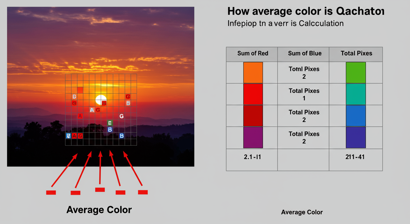 average color of an image - An educational infographic explaining how the average color is calculated. On the left, a vibrant photo of a sunset. Arrows point from the photo to a grid of pixels, with some pixels highlighted showing their R, G, B values. These values flow into three columns labeled 'Sum of Red', 'Sum of Green', 'Sum of Blue'. At the bottom, these sums are divided by 'Total Pixels' to produce a single color swatch on the right, labeled 'Average Color'.