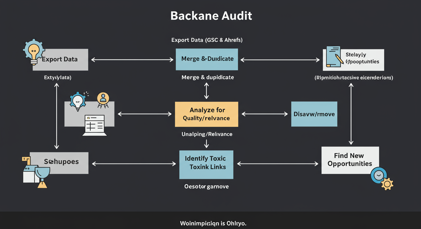 how to check inbound links - A professional minimalist flowchart showing the workflow of a backlink audit. Steps include: 1. Export Data (GSC & Ahrefs), 2. Merge & De-duplicate, 3. Analyze for Quality/Relevance, 4. Identify Toxic Links, 5. Disavow/Remove, 6. Find New Opportunities.