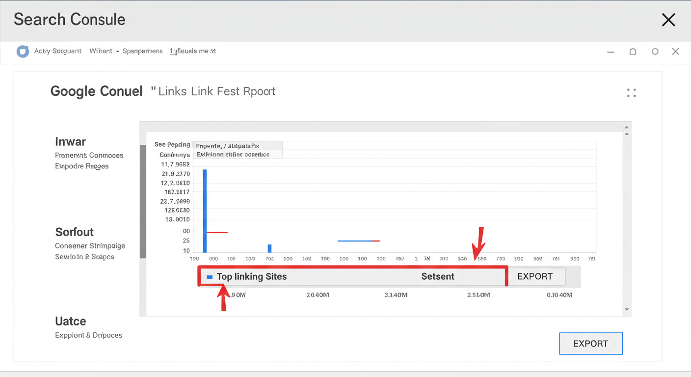 how to check inbound links - A clean, annotated screenshot of the Google Search Console 'Links' report page, with arrows pointing to the 'Top linking sites' report and the 'EXPORT' button.