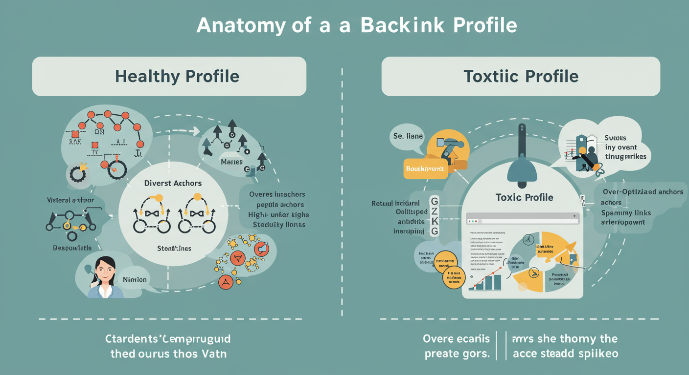 how to check inbound links - A high-quality educational infographic titled 'Anatomy of a Backlink Profile'. It visually compares a 'Healthy Profile' (diverse anchors, high-authority links, steady growth) with a 'Toxic Profile' (over-optimized anchors, spammy links, sudden spikes).
