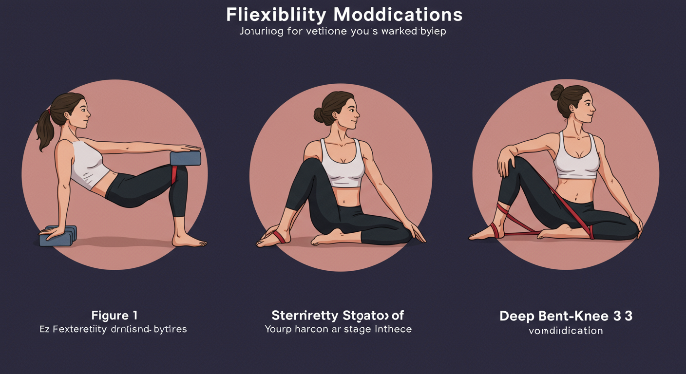 hands to feet stretch - A high-quality graphic showing three figures side-by-side demonstrating flexibility modifications. Figure 1 uses yoga blocks under their hands. Figure 2 is seated using a strap around their feet. Figure 3 shows the deep bent-knee modification.