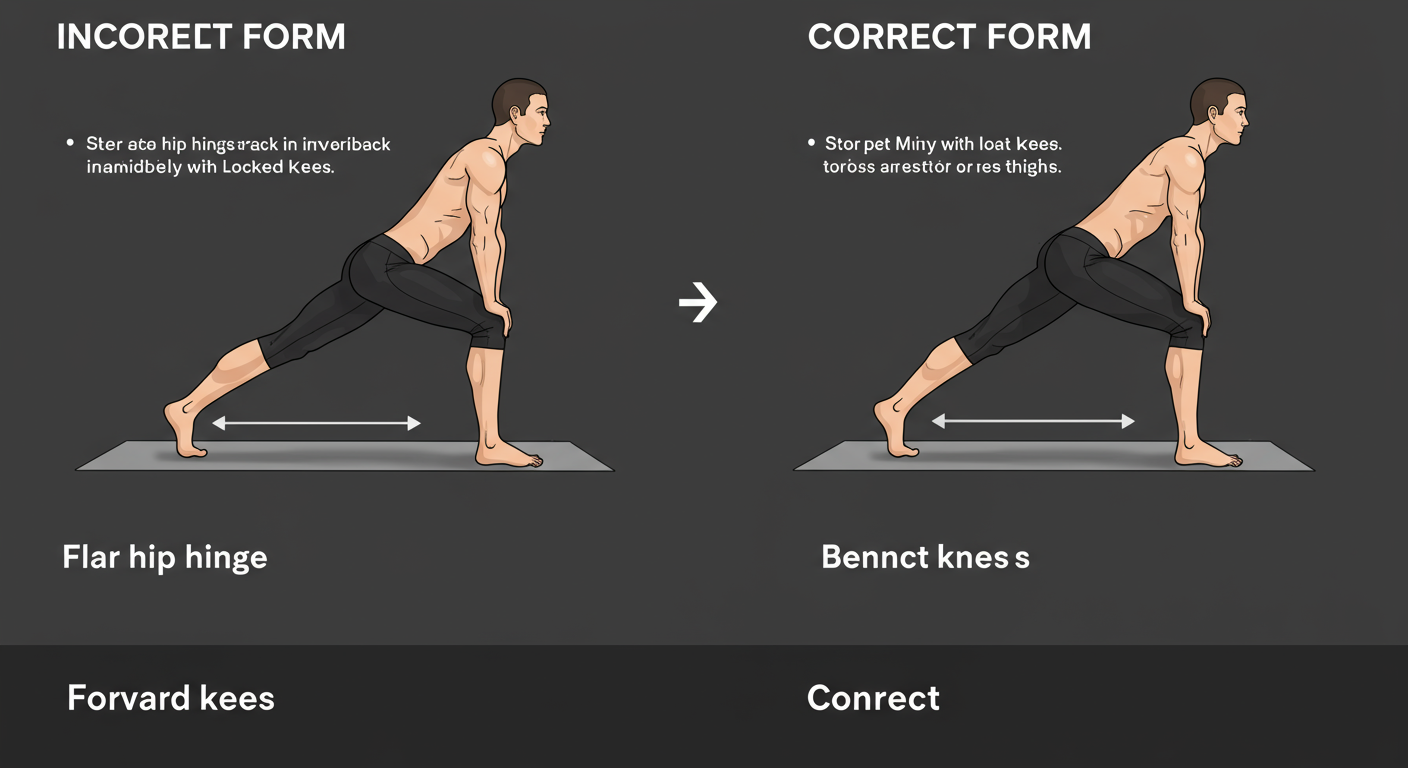 hands to feet stretch - A step-by-step diagram comparing 'Incorrect Form' vs. 'Correct Form' for a forward fold. The incorrect side shows a person rounding their back immediately with locked knees. The correct side shows a clear hip hinge, a flat back initially, and bent knees allowing the torso to rest on the thighs.
