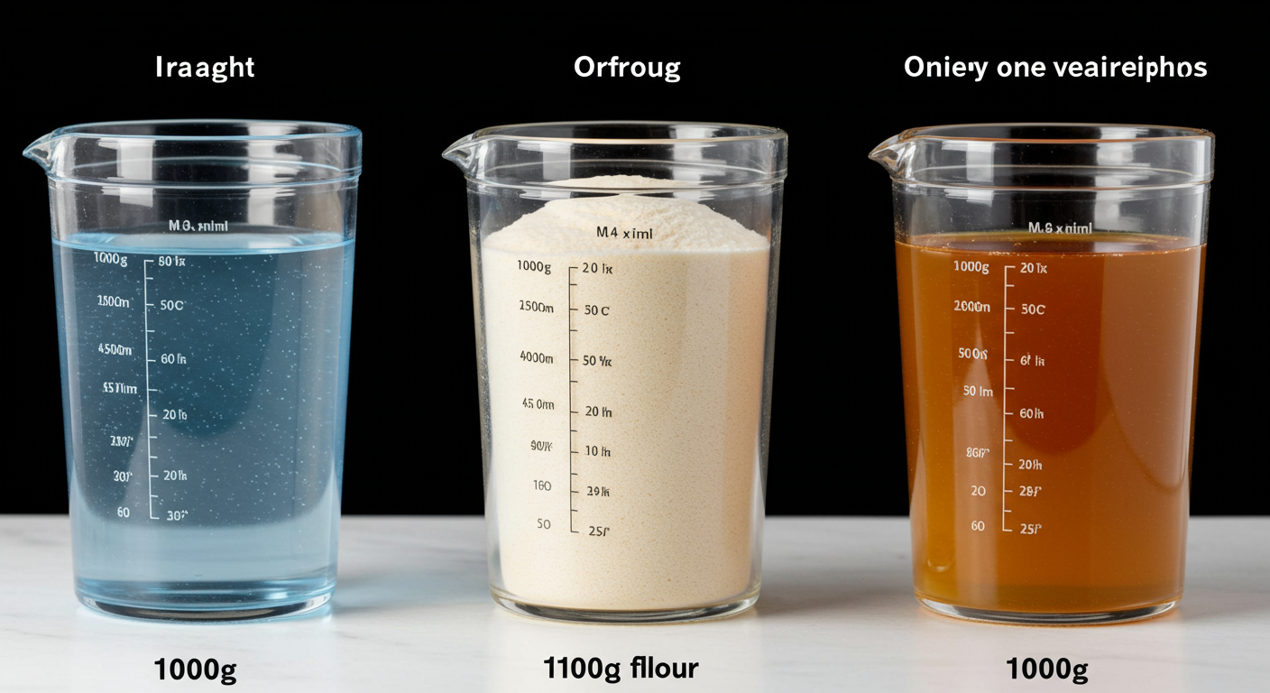 grams to quarts - A striking infographic comparing three identical glass quart containers side-by-side. The first is filled with 1000g of water, nearly full. The second is filled with 1000g of flour, overflowing the container. The third is filled with 1000g of honey, only about two-thirds full. Labeled clearly to show the dramatic volume difference for the same weight.