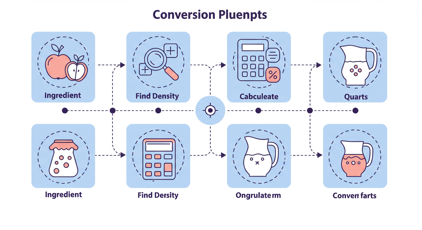 grams to quarts - A clean, professional flowchart diagram illustrating the 4-step conversion process. Each step is a box with an icon: 1. Ingredient (apple icon), 2. Find Density (magnifying glass icon), 3. Calculate mL (calculator icon), 4. Convert to Quarts (pitcher icon).