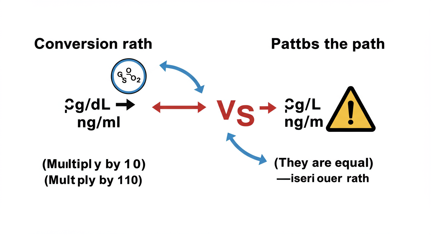 ug/dL to ng/mL conversion - A high-quality graphic comparing two conversion paths. Path 1: 'µg/dL -> (Multiply by 10) -> ng/mL'. Path 2: 'µg/L -> (They are equal) -> ng/mL'. The graphic should have a large warning sign near the µg/L path.