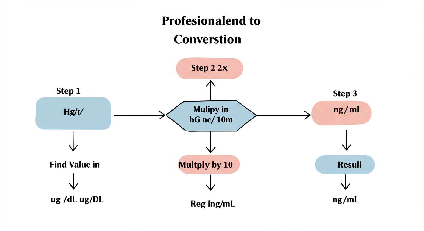 ug/dL to ng/mL conversion - Professional minimalist flowchart showing the 3-step ug/dL to ng/mL conversion process. Step 1: 'Find Value in µg/dL'. Step 2: 'Multiply by 10'. Step 3: 'Result in ng/mL'.