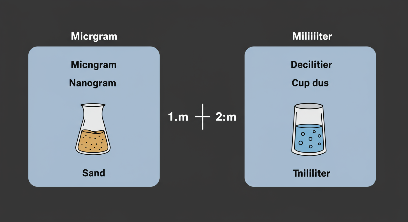 ug/dL to ng/mL conversion - Educational infographic visually comparing the sizes of a microgram and a nanogram, and a deciliter and a milliliter, using simple icons like a grain of sand vs. a speck of dust, and a small cup vs. a thimble.