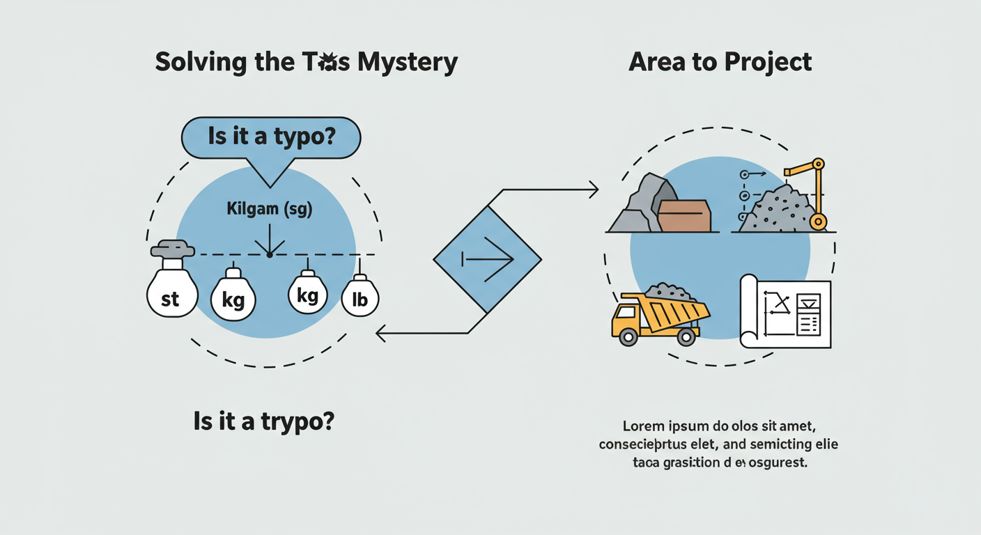 SY to Tons Conversion - Infographic flowchart titled 'Solving the SY to Tons Mystery' showing two paths. The left path is labeled 'Is it a typo?' and points to icons for Stone (st), Kilogram (kg), and Pound (lb). The right path is labeled 'Is it for a project?' and points to icons for a dump truck, gravel, and a blueprint, representing the area-to-weight calculation.