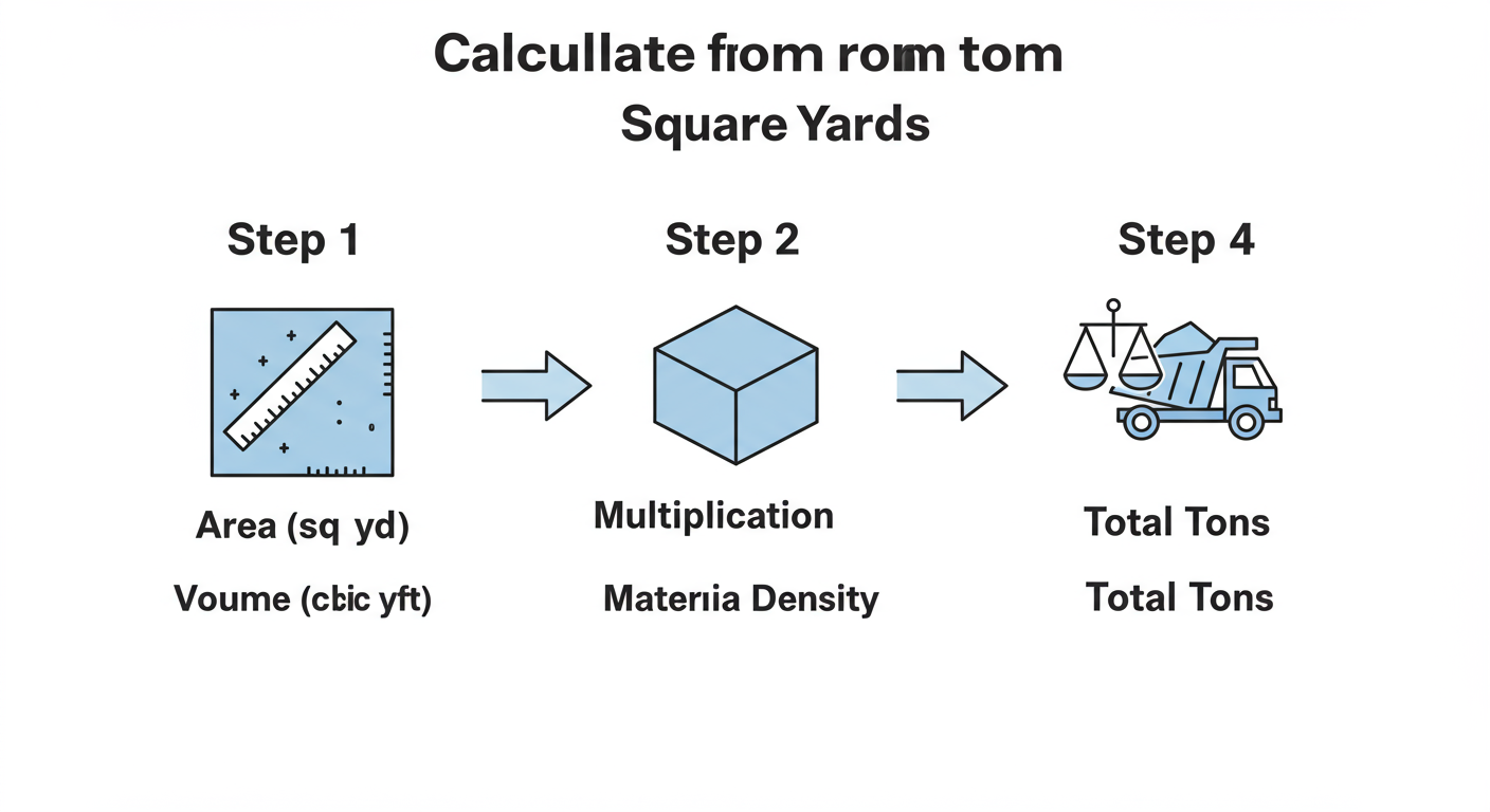 SY to Tons Conversion - A clean, professional step-by-step diagram illustrating the process of calculating tons from square yards. Step 1 shows an icon of a square area labeled 'Area (sq yd)' and a depth ruler labeled 'Depth (ft)'. An arrow points to Step 2, an icon of a cube labeled 'Volume (cubic yd)'. An arrow points to Step 3, a multiplication symbol with an icon of a density scale labeled 'Material Density'. The final step, Step 4, shows a dump truck icon labeled 'Total Tons'.