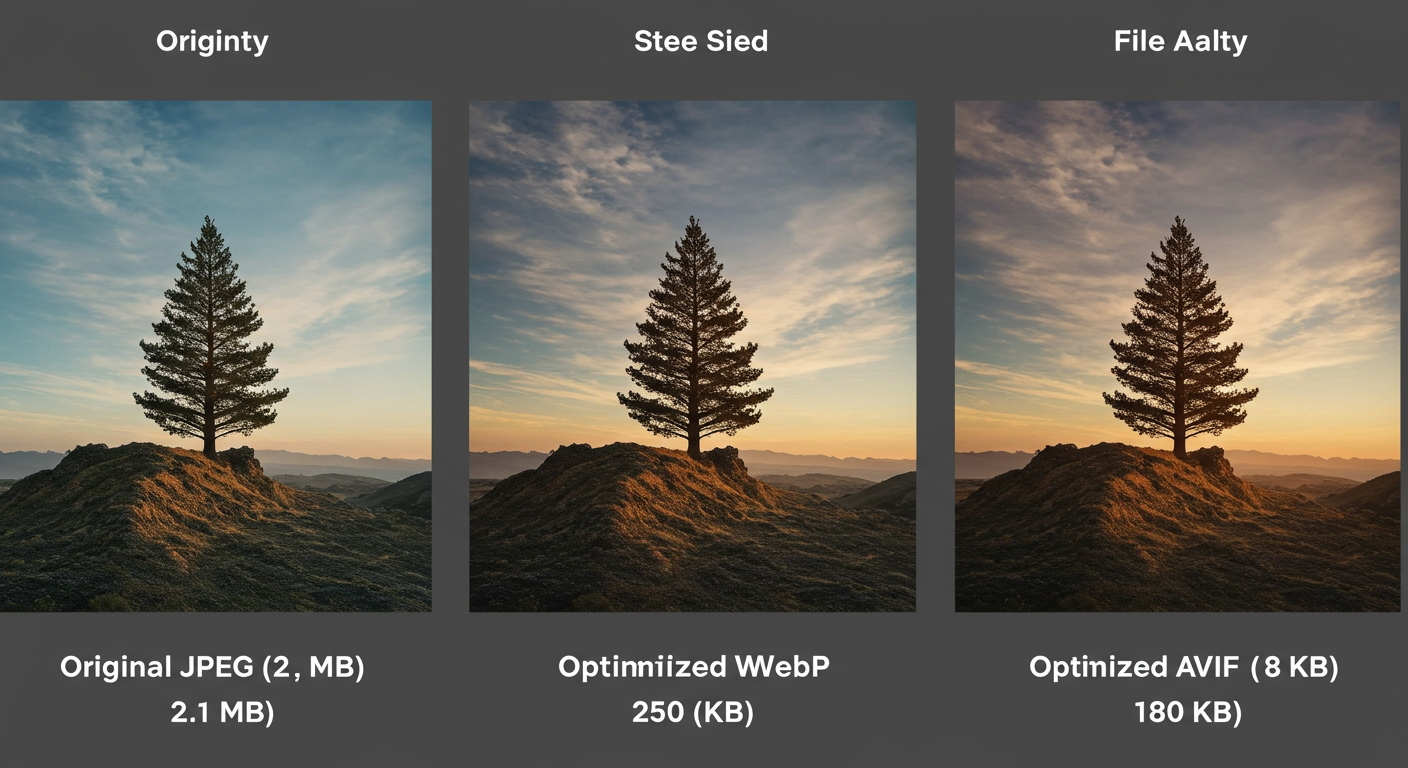 website speed optimization - High-quality comparison graphic showing three versions of the same photo side-by-side: 'Original JPEG (2.1 MB)', 'Optimized WebP (250 KB)', and 'Optimized AVIF (180 KB)', with file sizes clearly labeled below each.