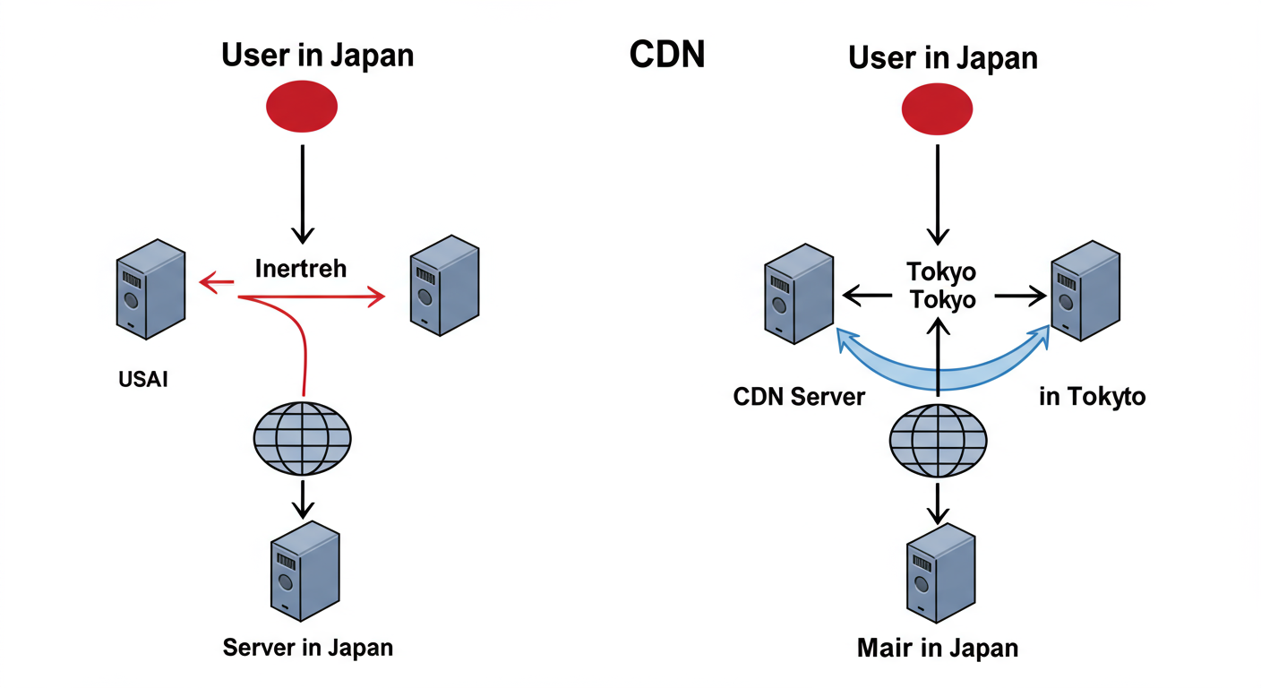 website speed optimization - Simple flowchart diagram explaining how a CDN works. On the left, 'User in Japan' with a long, slow arrow to a 'Server in USA'. On the right, 'User in Japan' with a short, fast arrow to a 'CDN Server in Tokyo', which then has a connection back to the main USA server.