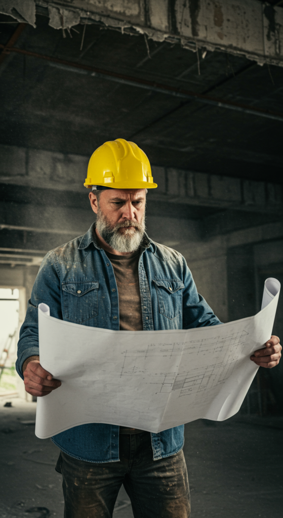 Frustrated manager on a construction site with exposed ceilings, highlighting a costly project delay.
