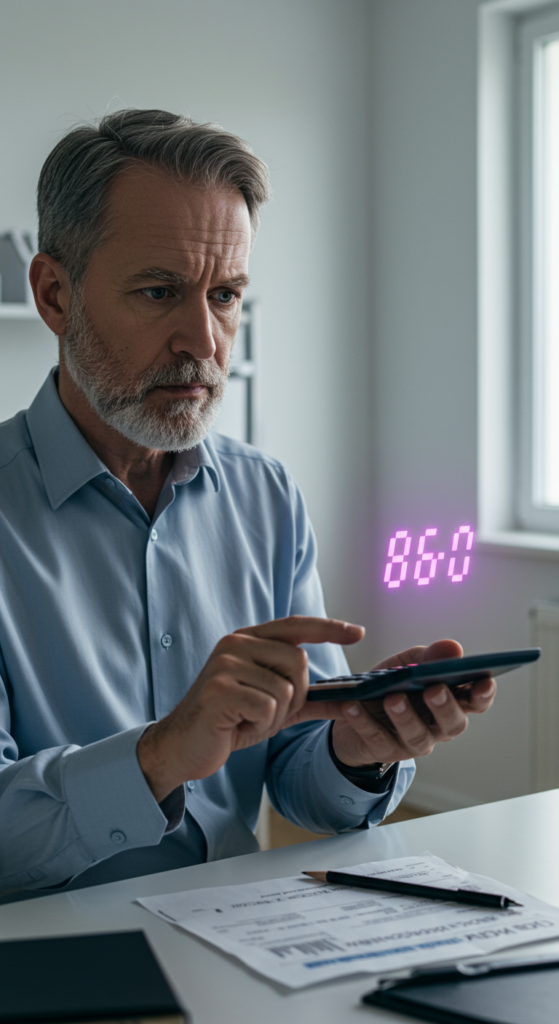 A person scrutinizing a calculator that shows a misleading number.