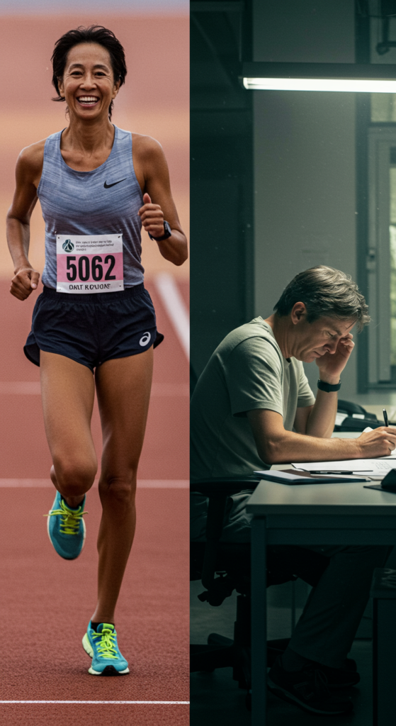 A split image showing an energetic 45-year-old on one side and a tired 45-year-old on the other.