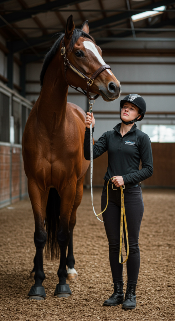 A person looking disappointed at the height of a horse they intended to buy.