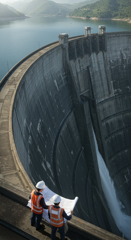 Engineers looking concerned at blueprints in front of a dam with a small spillway and high water levels.