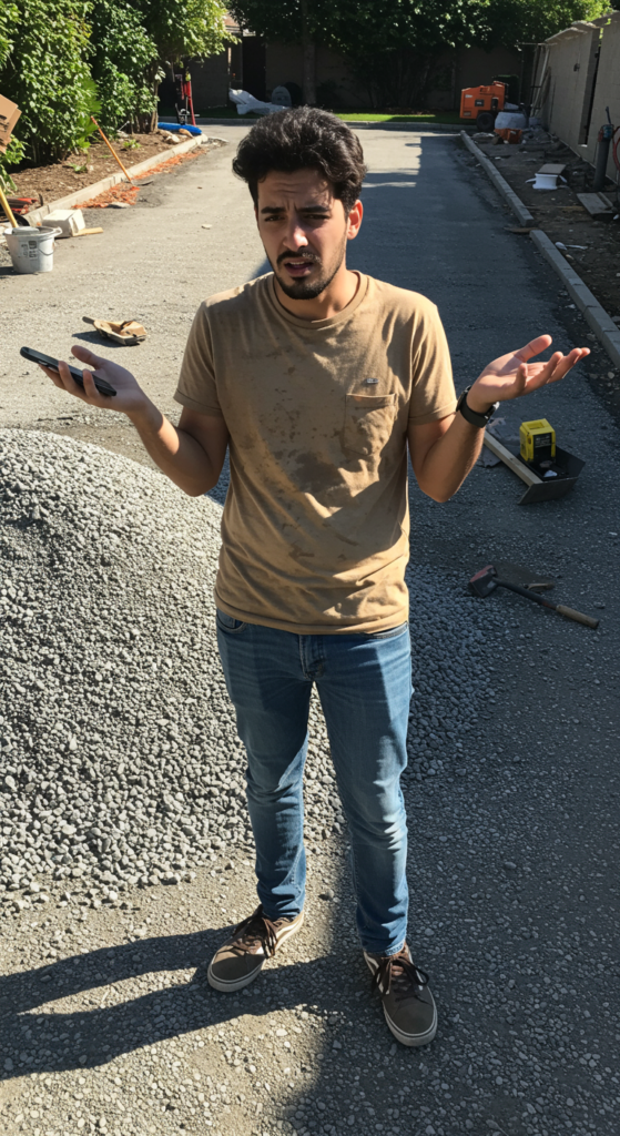 Frustrated person on the phone next to a gravel pile, confused about how much material to order.