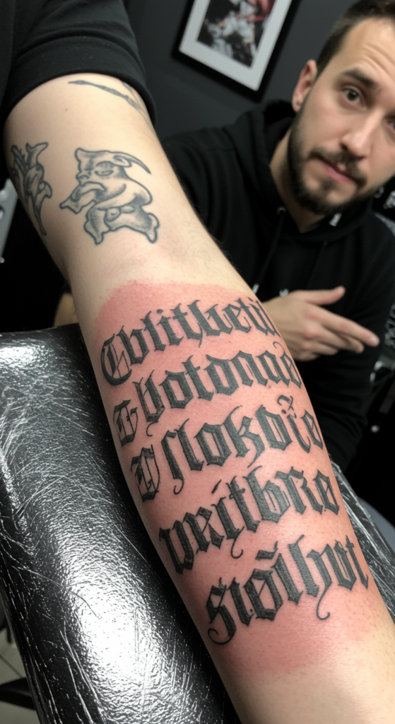 A person's arm with a poorly translated Old English tattoo.