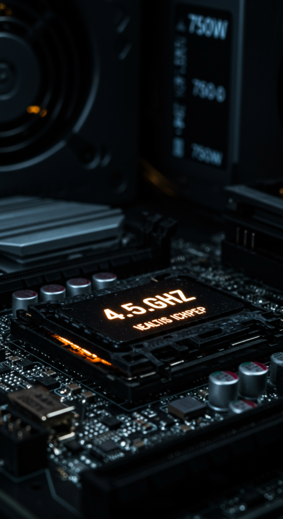 A computer CPU and power supply with GHz and Watts specifications highlighted.
