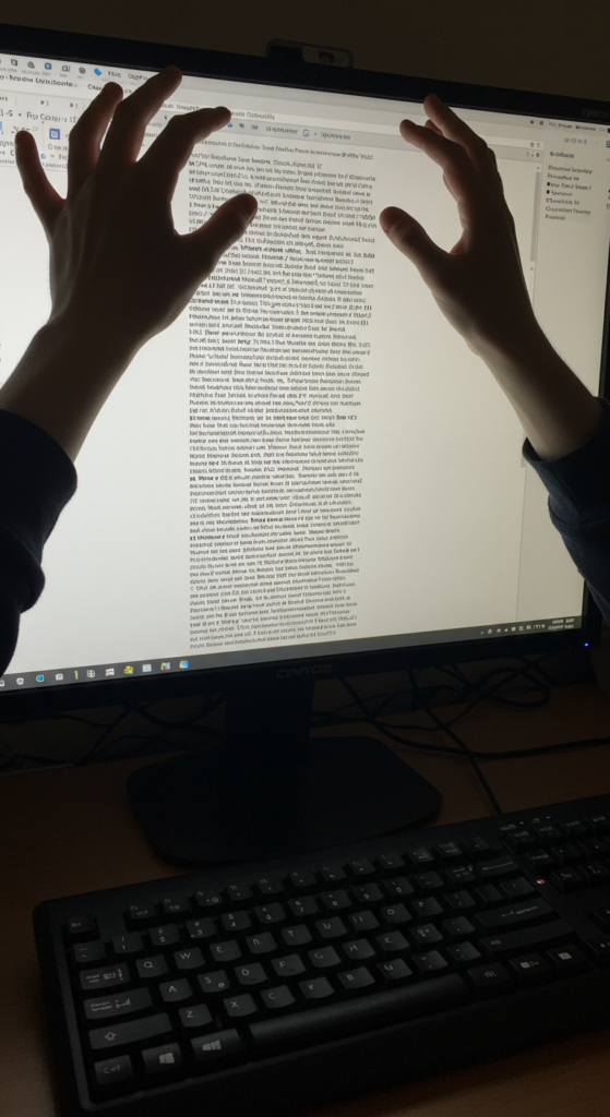 A frustrated person looking at a Word document written entirely in capital letters.