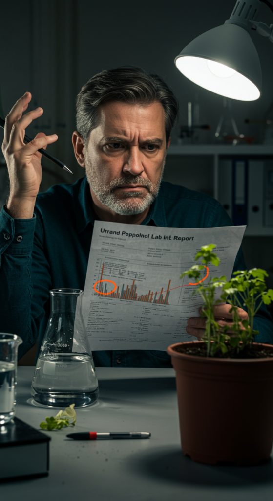A scientist looking confused at a lab report, trying to compare water and soil samples.