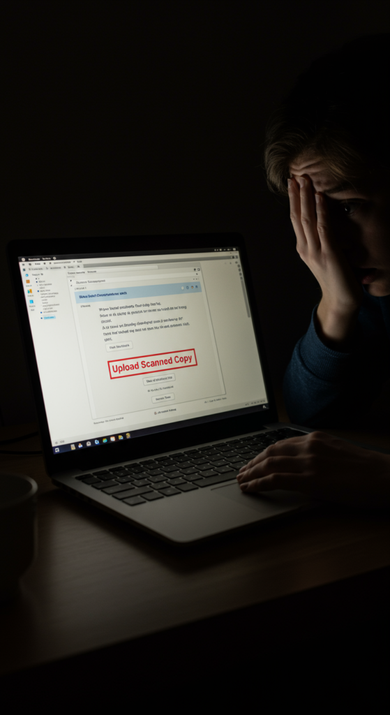 A person looking stressed while working on a laptop late at night, with a document upload requirement visible on the screen.