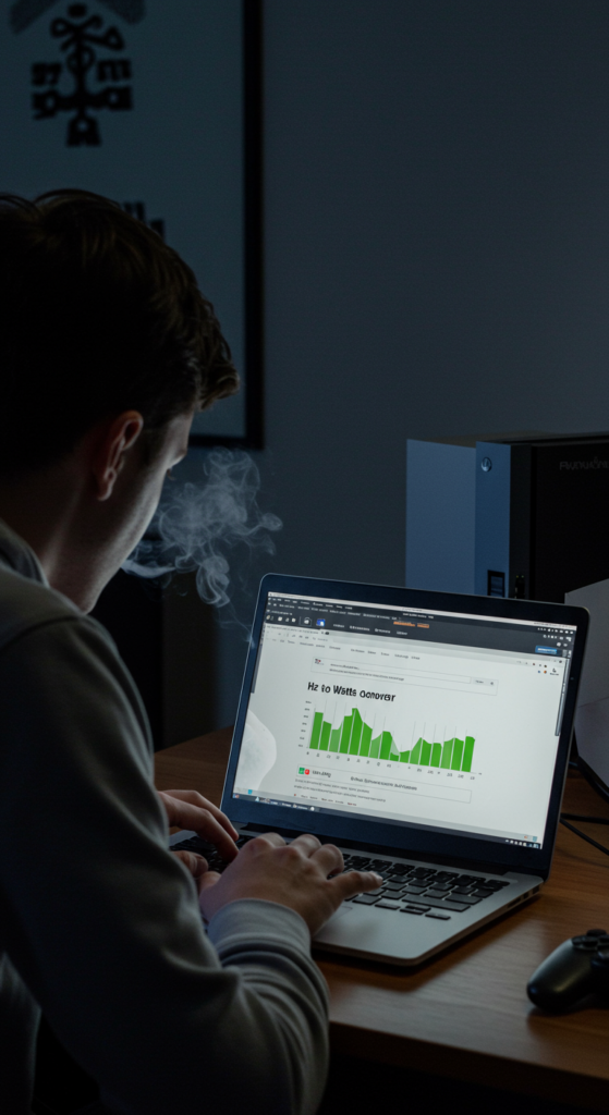 A person looking worriedly at a smoking electronic device, with a laptop open to a converter website.