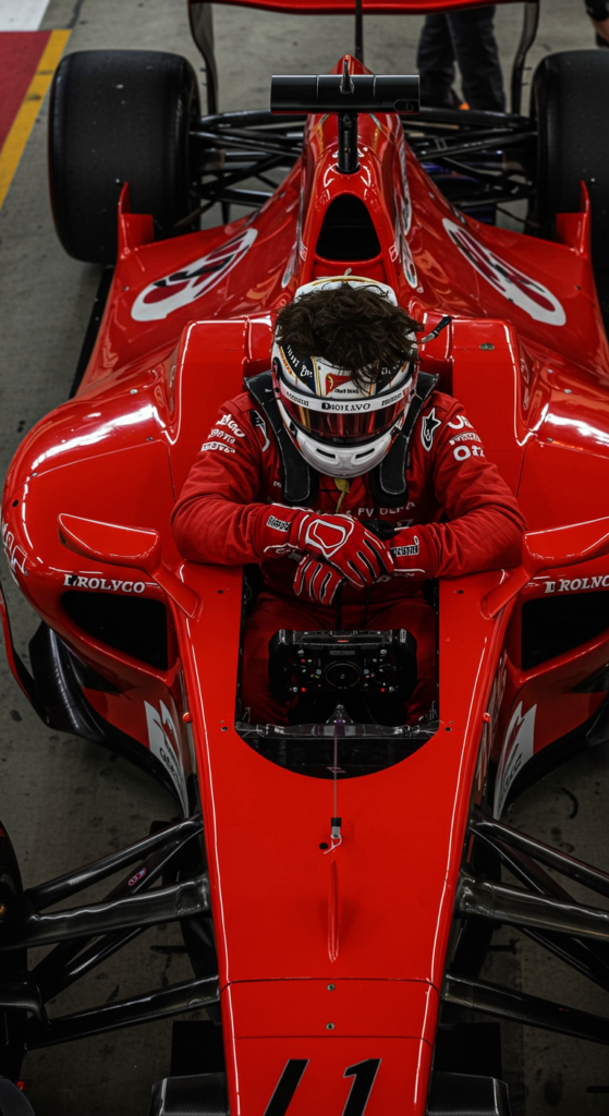 A frustrated race car driver looks at their stopwatch in the pit lane.