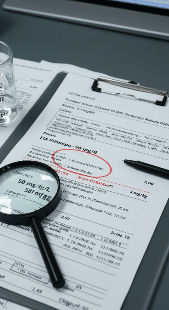 Two lab reports on a desk, one for water and one for soil, highlighting different concentration units.