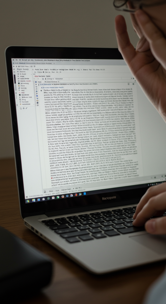 A frustrated person looking at a Word document full of accidental all-caps text.