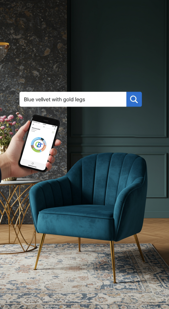 A person trying to find a blue velvet armchair by typing a description into a search bar on their phone.