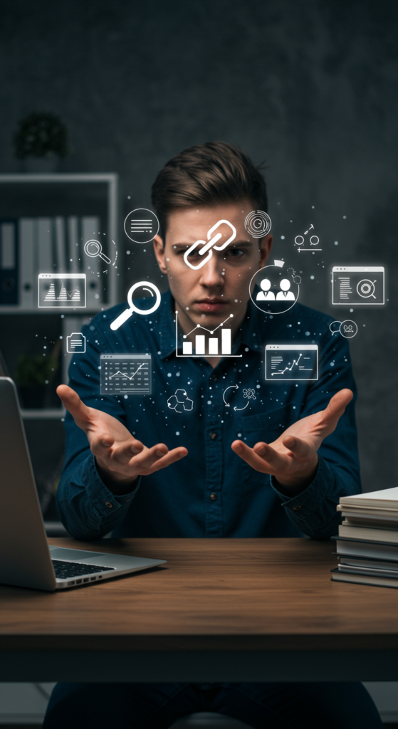 A frustrated marketer juggling icons for various SEO tools.