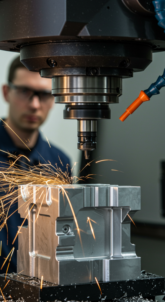 CNC machine cutting a titanium block with a machinist watching.