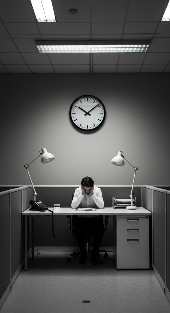 A person looking stressed and bored in a sterile office cubicle.