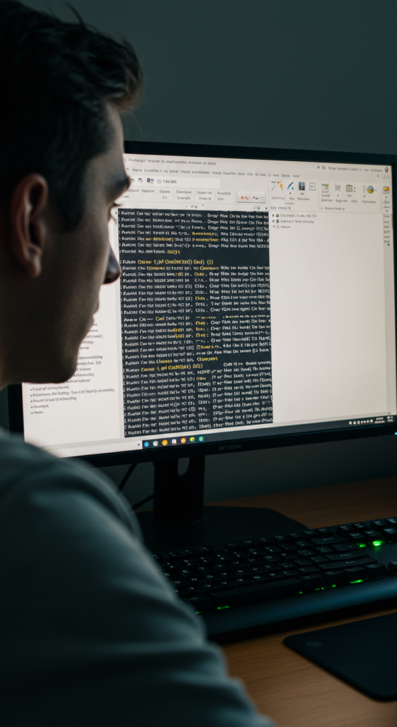 Frustrated user looking at a Word document accidentally typed in all caps, with the Caps Lock light glowing on the keyboard.
