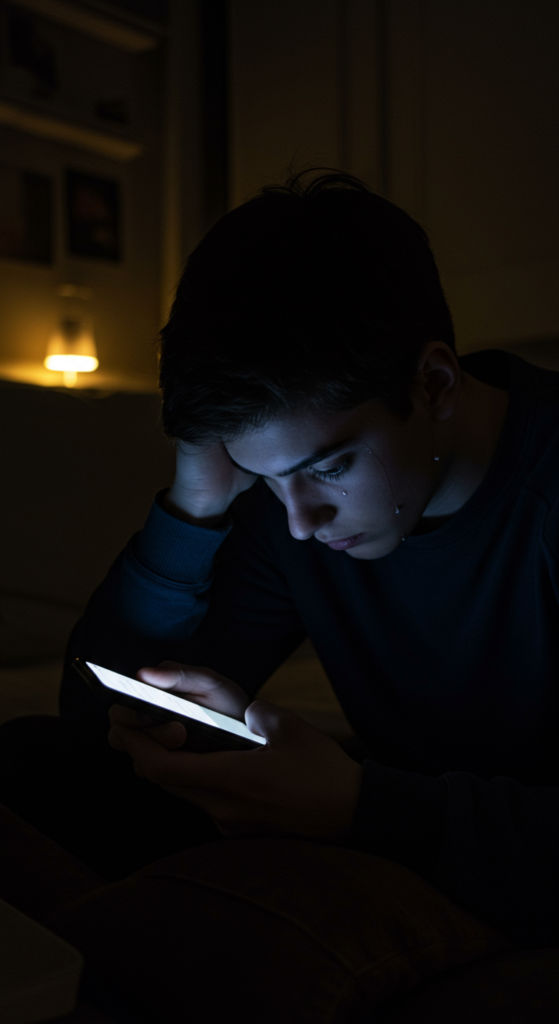 A person looking disappointed at their phone's low social media engagement.