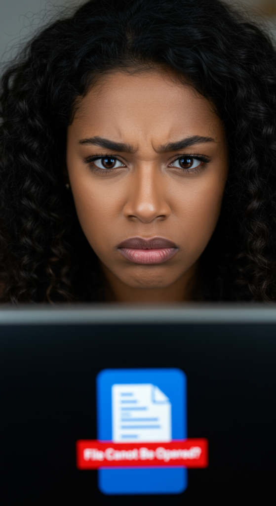 A person looking frustrated at a computer screen showing a file error.
